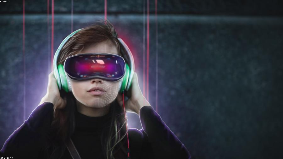 Person trägt ein Mixed-Reality-Headset und interagiert mit virtuellen Elementen